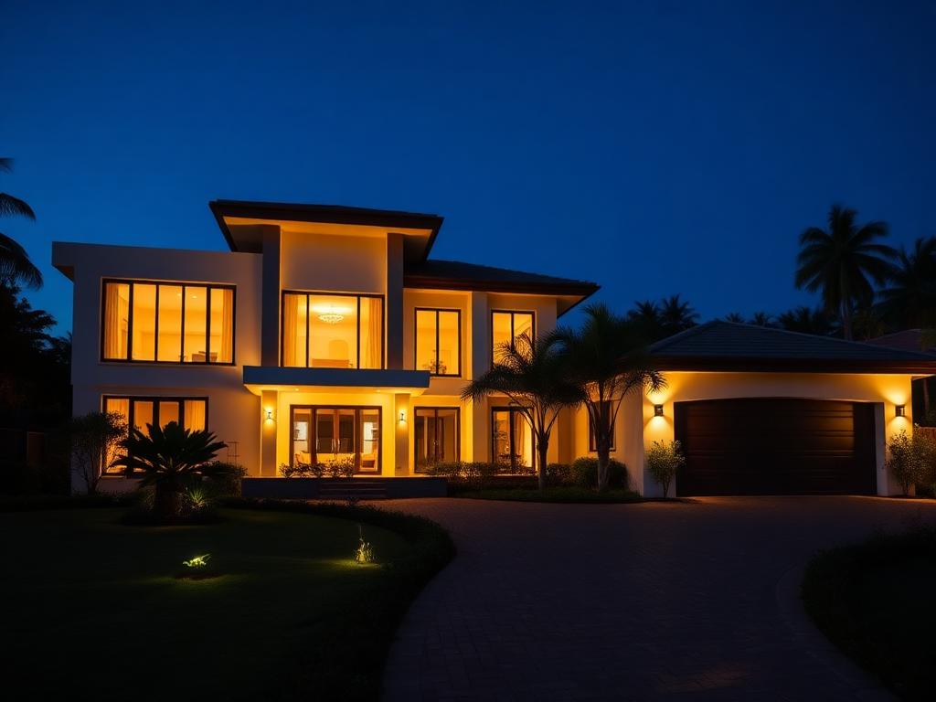 Casa moderna iluminada ao entardecer, representando a valorização de um imóvel bem avaliado