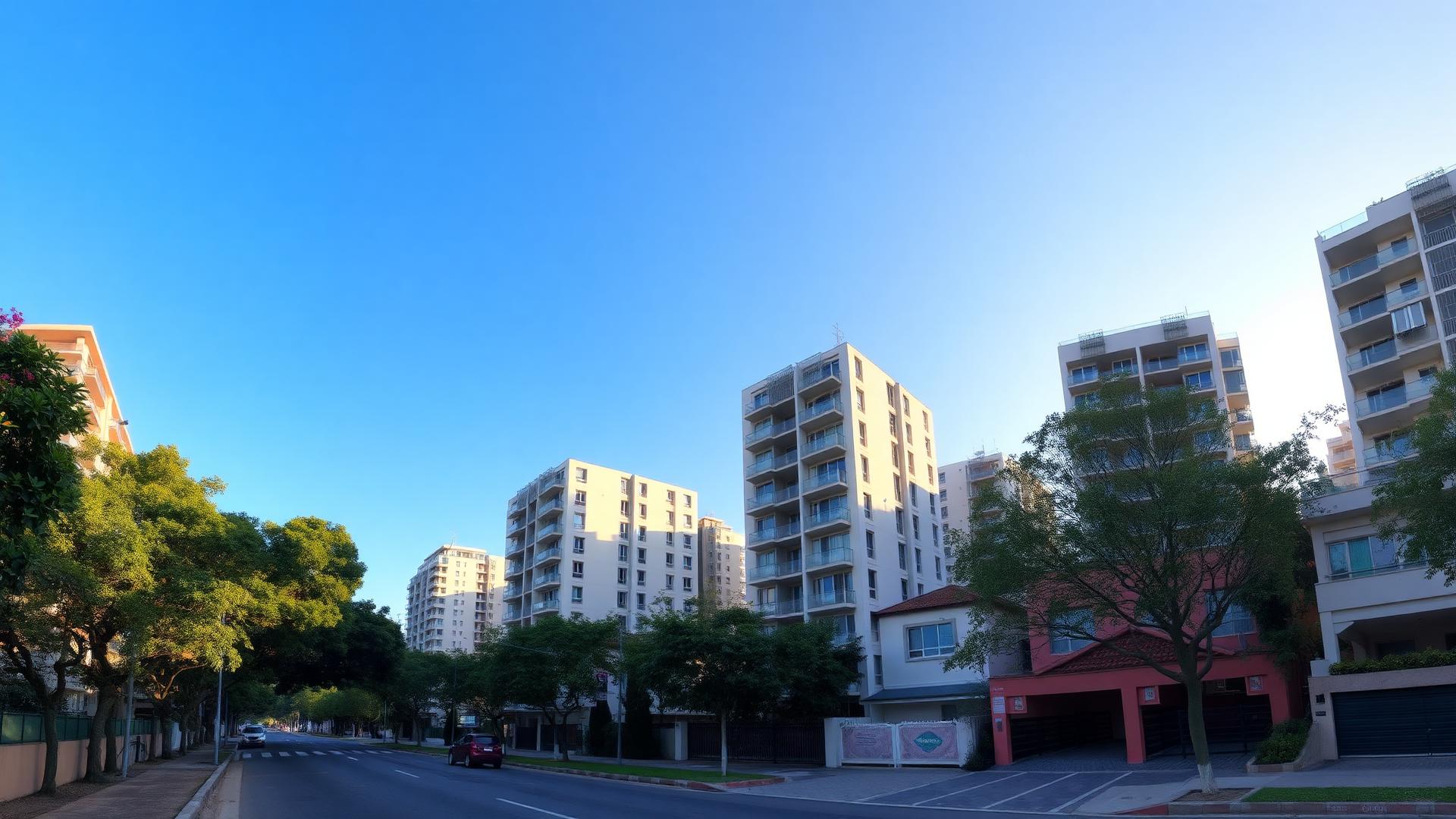 Bairro residencial na região metropolitana de São Paulo com prédios e casas ao entardecer